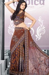 Brown Printed Design Cotton Silk Saree